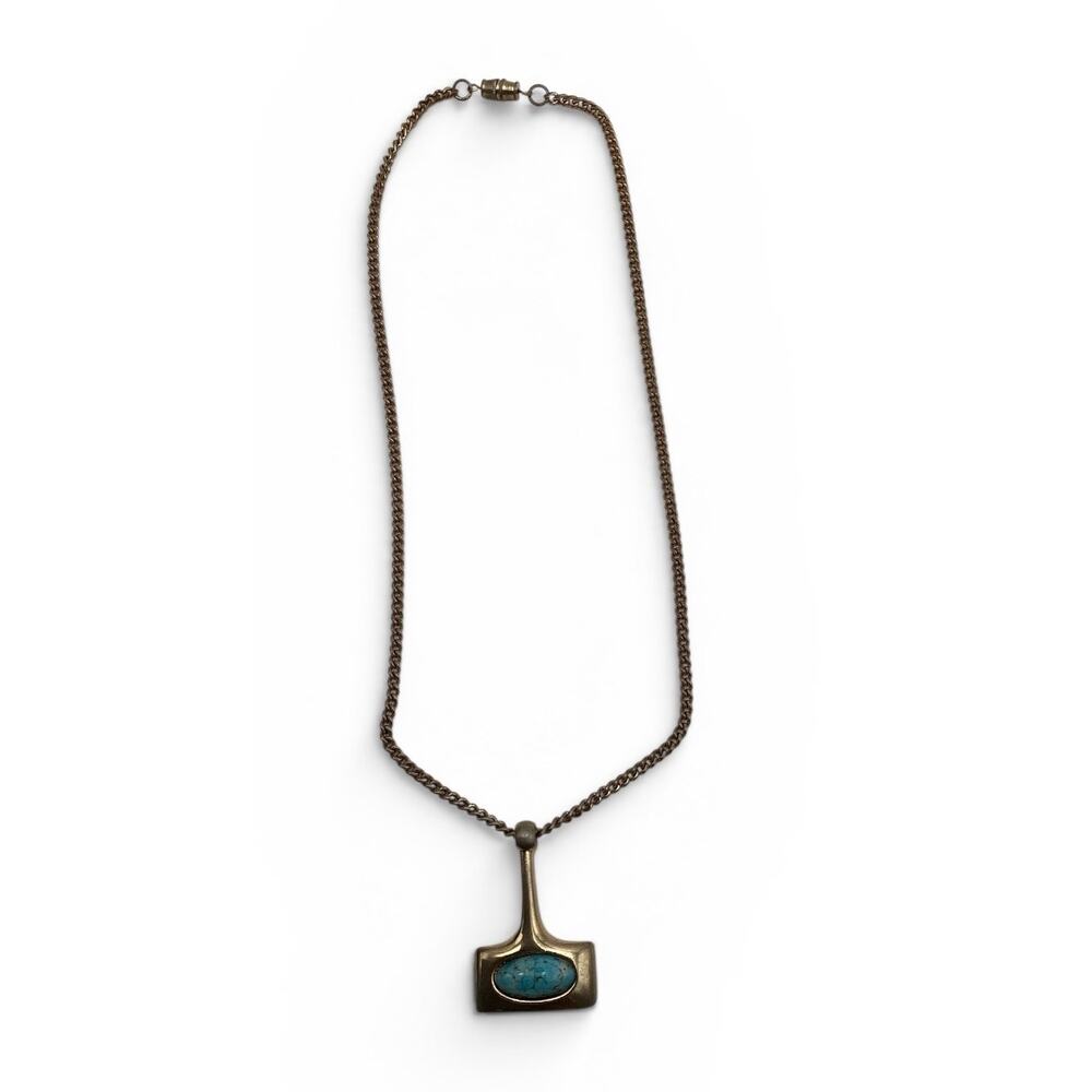 Vintage Mid-Century Brutalist Thor's hammer Pendant Necklace  Turquoise Inlay - Picture 3 of 4